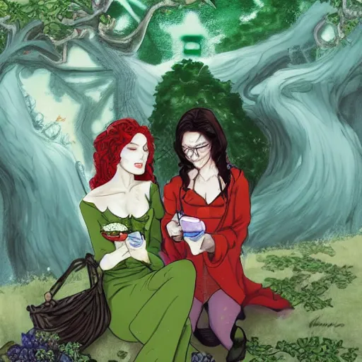 Image similar to a beautiful picture of doctor poison ivy professor of botany and doctor liliana vess professor of demonology having lunch, academic clothing, dark eyeliner, intricate, elegant, highly detailed, digital painting, artstation, concept art, matte, sharp focus, illustration, art by bob ross and hokusai