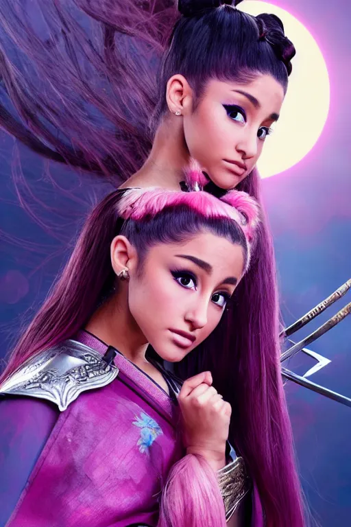 Prompt: highly detailed beautiful photo of a ariana grande as a young female samurai, practising sword stances, symmetrical face, beautiful eyes, pink hair, realistic anime art style, 8 k, award winning photo, pastels colours, action photography, 1 / 1 2 5 shutter speed, sunrise lighting