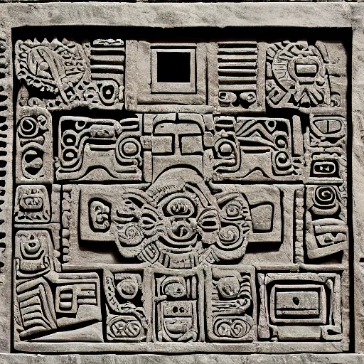 Prompt: space invaders as a mayan stone carving