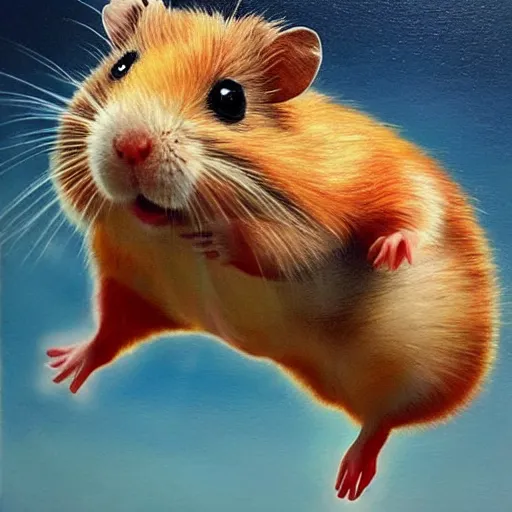 Image similar to a hyper realistic oil painting of a hamster dressed as a superhero and flying through the sky