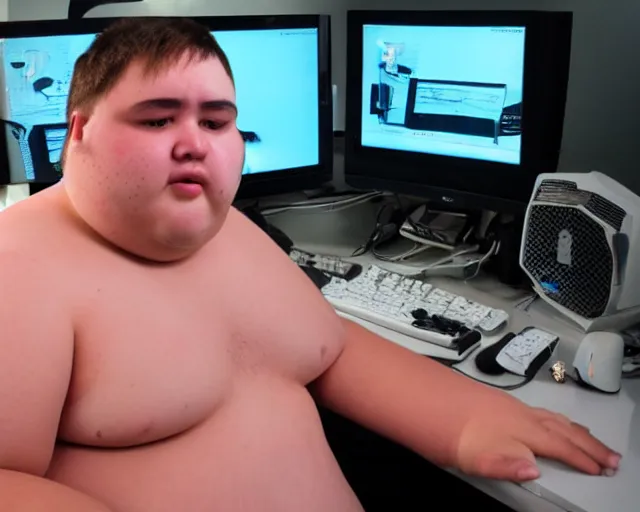 Image similar to gorgeous view of an ugly fat computer gamer with pimples and diseases all over its skin.