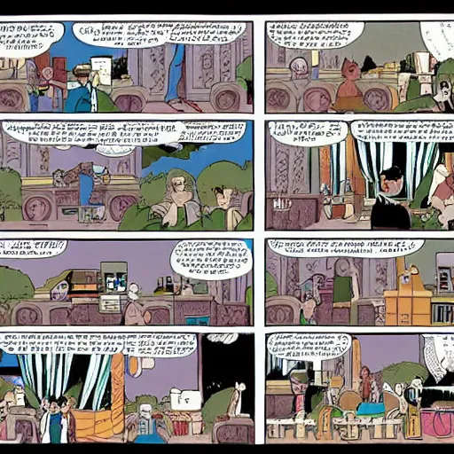 Image similar to a beautiful art installation. let ’ s see how long the rich can eat their money for comic strip by thomas cole, by chris ware desaturated