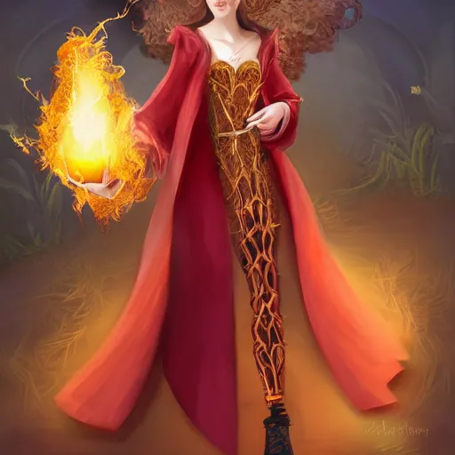 Prompt: portrait of a girl fantasy alchemist, dressed in a rich robe, wearing a tiara and holding a fireball in one hand, digital art, detailed,