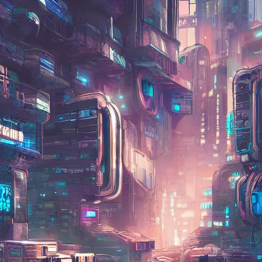 Image similar to digital painting of a cyberpunk city, comic book style, trending on Artstation, hyperdetailed
