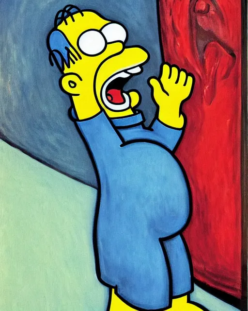 Image similar to a painting of homer simpson screaming in the scream by edvard munch