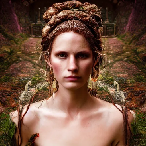 Image similar to portrait of a beautiful enchanted pagan female, depth of field, zeiss lens, detailed, symmetrical, centered, by annie leibovitz and steve mccurry, david lazar, jimmy nelsson, breathtaking, 8 k resolution, extremely detailed, beautiful, establishing shot, artistic, hyperrealistic, beautiful face, octane render