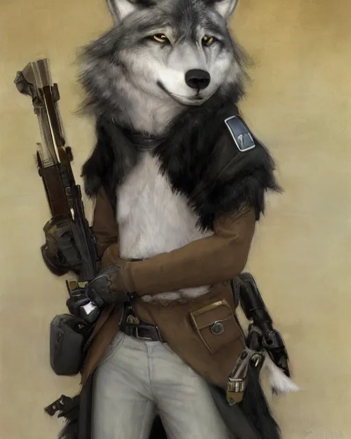 Prompt: a anthropomorphic wolf police officer with white fur. Renowned character illustration by by Edgar Maxence and Ross Tran