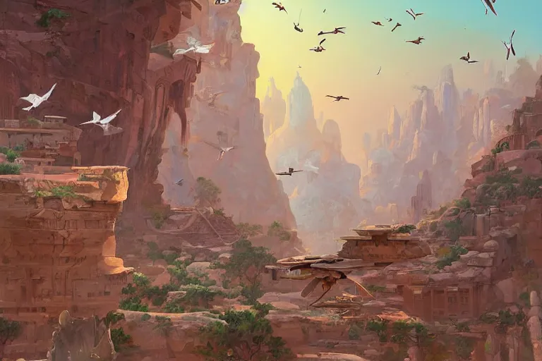 Image similar to an architectural painting of birds flying above the ruins of an archaic city of ancient persia looming above a canyon by syd mead and peter mohrbacher and james gilleard in the style of hugh ferriss