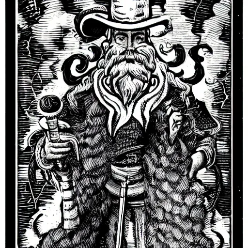 Prompt: wizard with beard, holding a bomb, dnd, high detail, fantasy, in the style of vintage antique illustration and line drawing or engraving - c 9. 0