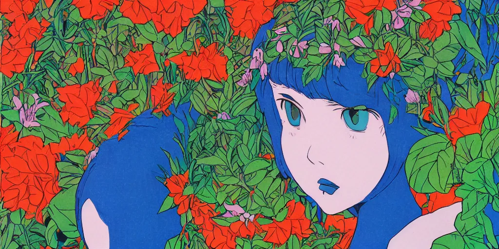 Image similar to risograph grainy painting of running man anime - like hero girl protagonist face, matte dull colors, with huge earrings, face covered with plants and flowers, by moebius and dirk dzimirsky and satisho kon, blue hour, close - up wide portrait