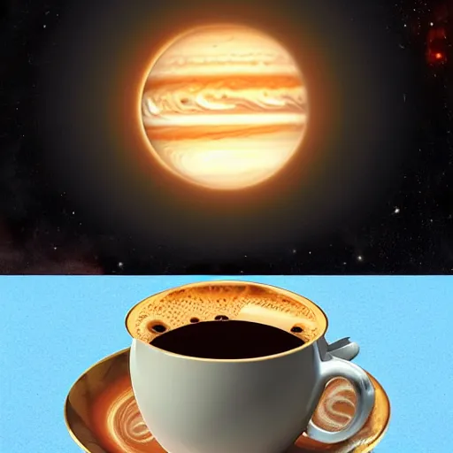 Prompt: a teacup containing a planet Jupiter as a boiling liquid, hyper realistic and the third image prompt was a cup of coffee containing Jupiter