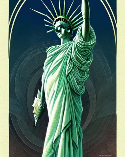 Image similar to Beautiful and playful ethereal lady liberty, art nouveau, fantasy , elegant, highly detailed, sharp focus, art by Artgerm and Greg Rutkowski and WLOP