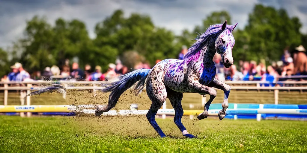 Prompt: action shot from a distance of 2 0 m of a hybrid my little pony ( appaloosa horse ), professional, high quality, multi colored saturated mane, a horse is at a steeplechase event, 4 k, dof, bokeh, action, dramatic lighting, photorealistic, detailed, hq, photorealism, digital art