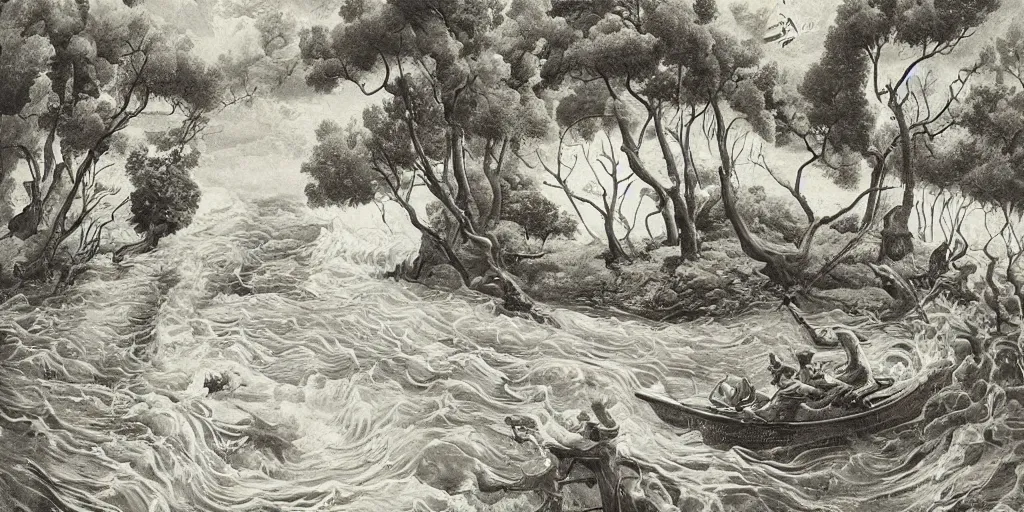 Prompt: An intricate, extremely detailed painting in a style of Szukalski featuring a river in Europe, surrounded by trees and fields. A dinghy is slowly moving through the water. Sun is shining.