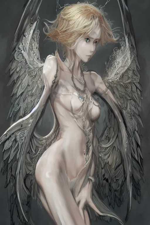 Image similar to beautiful demon anime maiden with angelic wings, intricate, elegant, highly detailed, artstation, concept art, illustration, art by Yoshitaka Amano