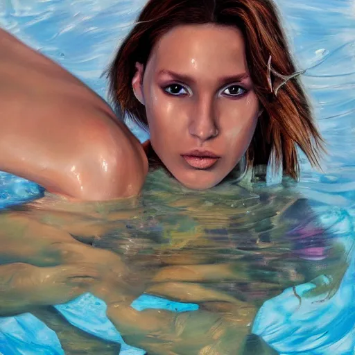 Prompt: fashion model crying underwater, hyperrealism oil painting