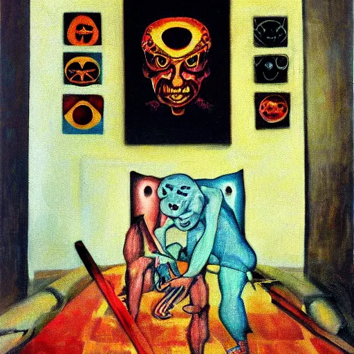 Image similar to portre of an autistic demon on acid, masonic and kabalistic symbols in background, oil painting