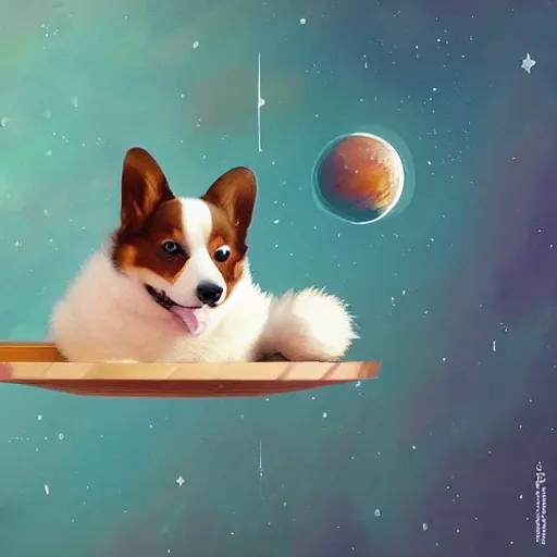 Prompt: cute corgi puppy floating in outer space, hyperrealistic, very lifelike, adorable, highly detailed digital illustration, greg rutkowski, artgerm, moebius, simon stalenhag, ruan jia, makoto shinkai, trending on artstation, 8 k, masterpiece, award - winning