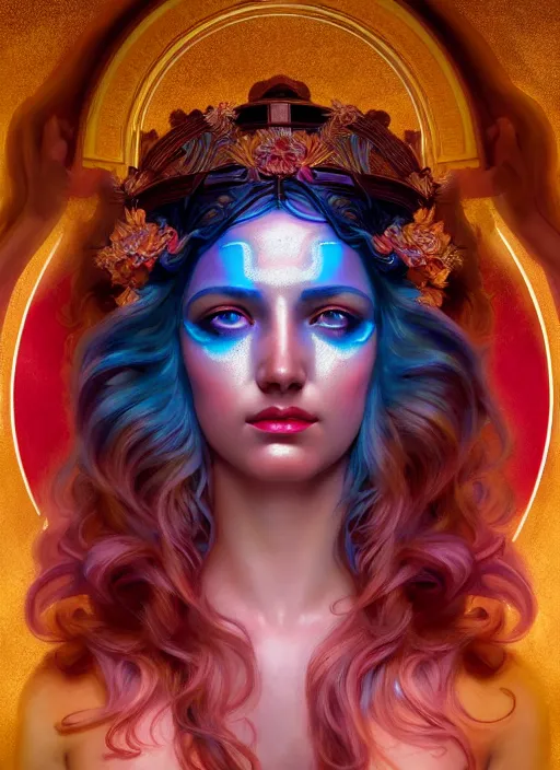Prompt: the goddess hera crying, wax figure, glowing eyes, volumetric lights, red and cyan theme, art nouveau botanicals, intricate, highly detailed, digital painting, artstation, concept art, smooth, sharp focus, cinematic, illustration, beautiful face, art by artgerm and greg rutkowski and alphonse mucha