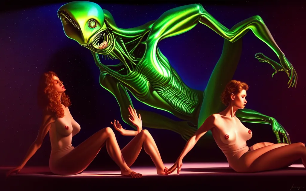 Prompt: Ladies and holograms of alien artifacts, digital displays and holographic projections, projections of , ultrarealistic, dramatic lighting, electrical details, high details, 4k, 8k, best, accurate, trending on artstation, artstation, photorealism, ultrarealistic, digital painting, style of Caravaggio, Boris Vallejo