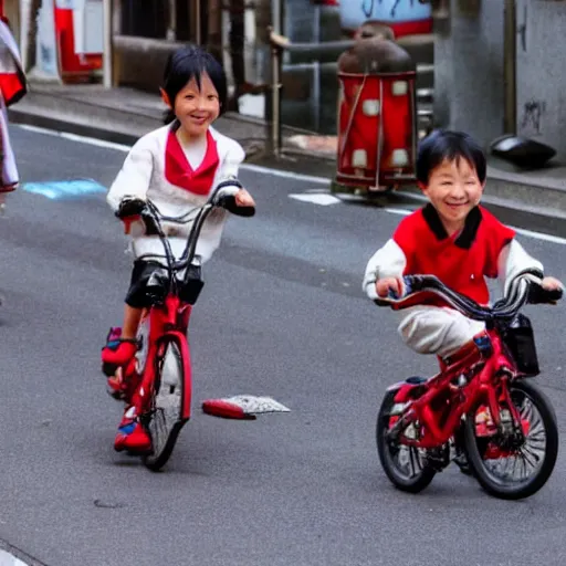 Image similar to tiny cute red dragons riding a bike in the streets of tokyo