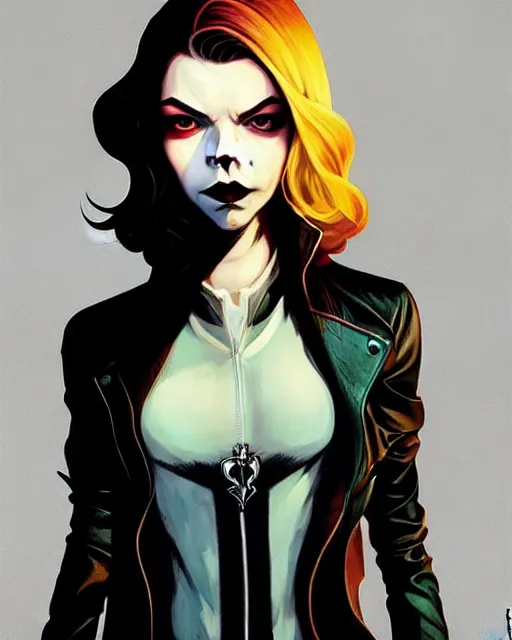 Image similar to rafael albuquerque comic art, art nouveau, peter mohrbacher, artgerm, pretty anya taylor - joy vampire sharp vampire teeth open mouth, black leather jacket, jeans, long blonde hair, full body