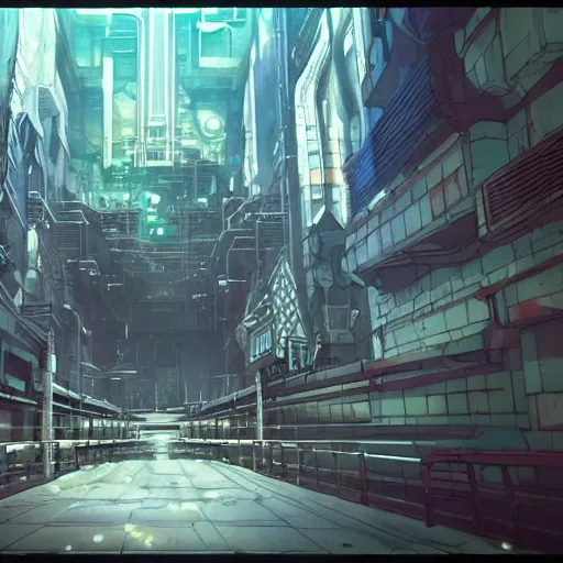 Image similar to the forgotten cyberpunk temple core deep underground, wide shot, peaceful and serene, incredible perspective, anime scenery by Makoto Shinkai and studio ghibli, very detailed