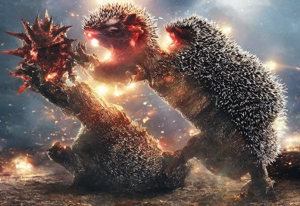 Image similar to a hedgehog alien fighting godzilla