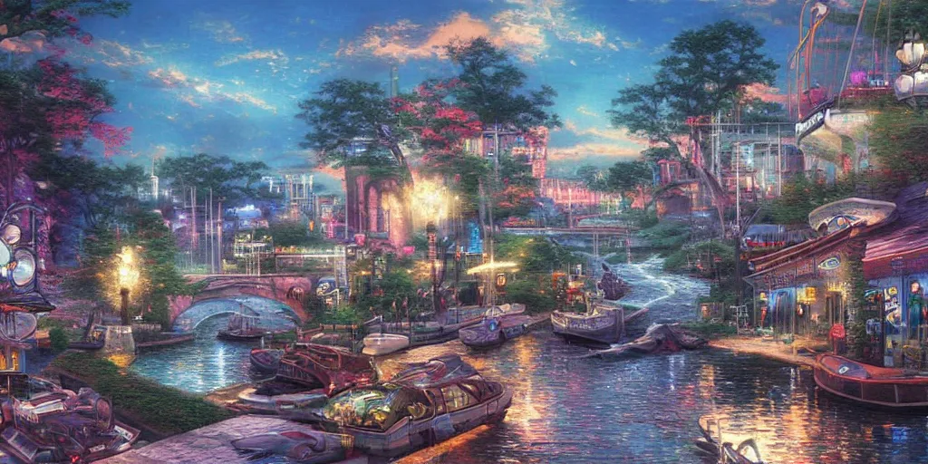 Prompt: magic city with with rivers and aqueducts as streets. various boats. mtg. magic the gathering by yeong - hao han and thomas kinkade