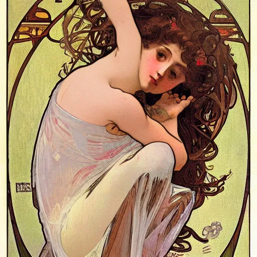 Image similar to ballerina, painted by alphonse mucha