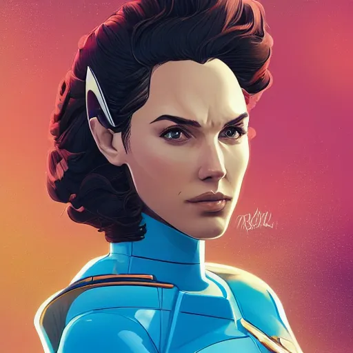 Image similar to a portrait of a stunning beautiful elite gal gadot gundam pilot, with an intricate, detailed, urban inspired hiphop afro futuristic helmet, vector behance hd jesper ejsing, rhads, makoto shinkai, lois van baarle, ilya kuvshinov, rossdraws, hd, 3 2 k, ilya kuvshinov, gustav klimt