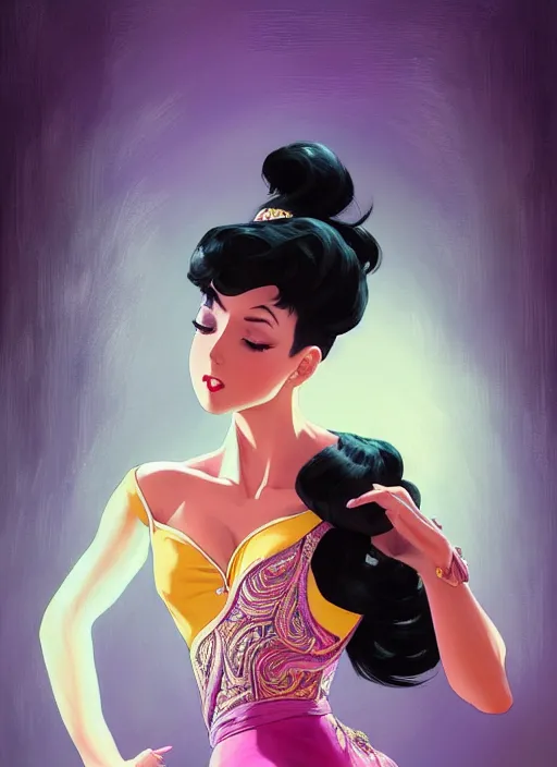 Image similar to a beautiful dancer with black hair in 1960's fashion, ballroom background, intricate, highly detailed, digital painting, artstation, official media, anime key visual, concept art, rich vivid colors, ambient lighting, sharp focus, illustration, art by Artgerm, Makoto Shinkai, Ilya Kuvshinov, Lois Van Baarle, and Rossdraws