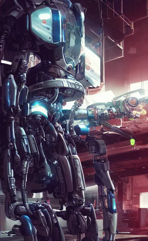 Prompt: a closeup shot of a robot being repaired in warehouse,cyberpunk,2077,big mecha,gundam,8k,high detailed,comic style,manga,epic