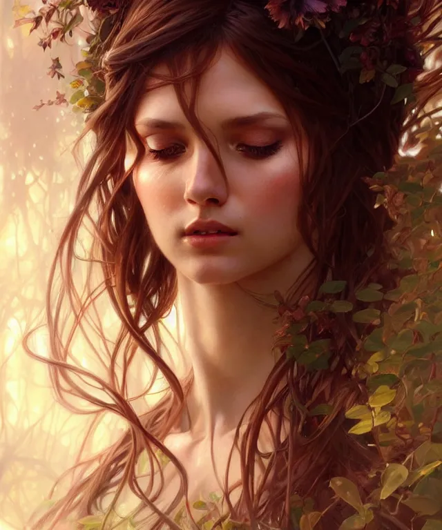 Image similar to Forest nymph woman portrait, amber eyes, face, long hair, fantasy, intricate, elegant, highly detailed, digital painting, artstation, concept art, smooth, sharp focus, illustration, art by artgerm and greg rutkowski and alphonse mucha