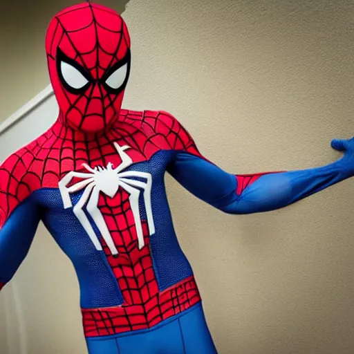 Image similar to spiderman wearing spongebob costume, straight photo, centered
