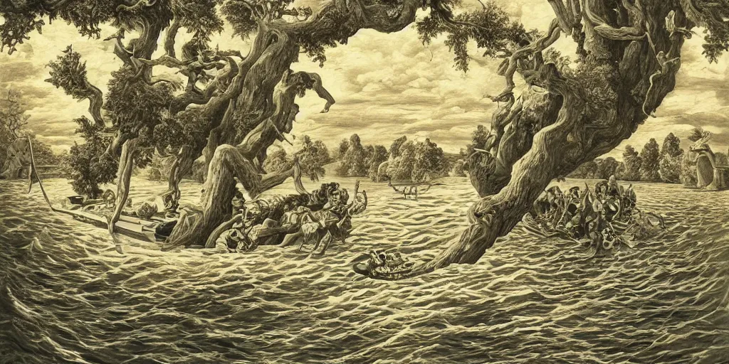 Image similar to An intricate, extremely detailed painting in a style of Szukalski featuring a river in Europe, surrounded by trees and fields. A dinghy is slowly moving through the water. Sun is shining.