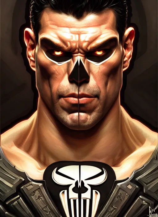 Image similar to Symmetry!! portrait of The Punisher, D&D, muscular, fantasy, intricate, elegant, highly detailed, digital painting, artstation, concept art, smooth, sharp focus, illustration, art by artgerm and greg rutkowski and alphonse mucha