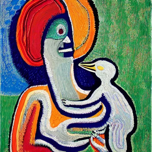 Prompt: Painting. a woman is shown from behind, her body slightly blurred as if in motion. Her long hair cascades down her back, and she is holding a small bird in her hand. bokeh by Jean Dubuffet geometric, placid