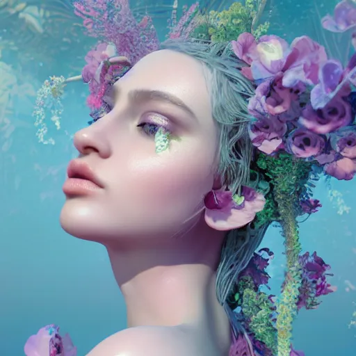 Image similar to portrait of the most beautiful woman surrounded by soft florals, vaporwave lighting, dewy skin, concept art, high detail, beautiful, dreamy, blender