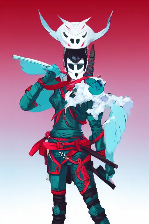 Image similar to female adventurer in tight full - body teal leather armor of japanese design with red accents and a white porcelain crow mask, trending in artstation, japanese, artstation, big moon in the background, establishing shot