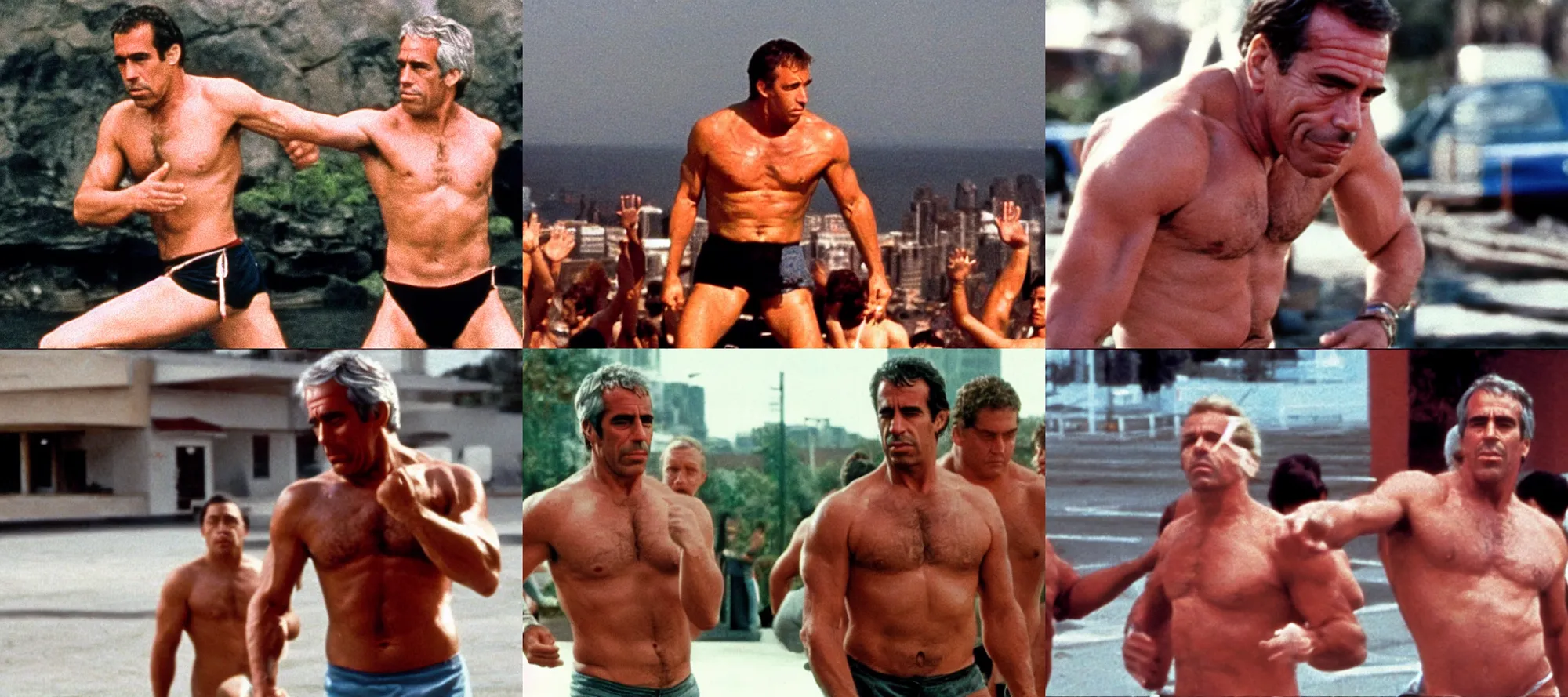 Prompt: Jeffrey Epstein shirtless doing the split, Bloodsport 1988, cinémascope, epic ultrawide shot