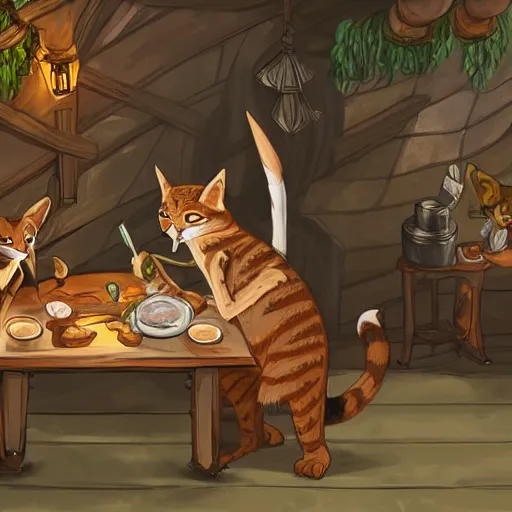 Prompt: DnD character art of a tabaxi druid in a tavern, digital art