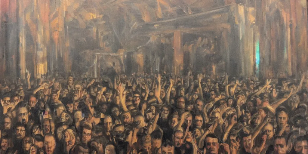 Image similar to berghain, oil on canvas, old style