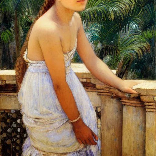 Image similar to a ultradetailed beautiful painting of a girl in the amazonas palace balustrade designed by jules bastien - lepage, tarsila do amaral, frank weston and gustave baumann, beach, trending on artstation, mediterranean, palm trees, detailed face, sharp focus, soft light, 8 k 4 k