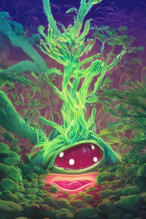 Image similar to roots cactus sushi cristal smurf ghost creature animal sushi cristal very big eye roots cactus elemental flush of force nature micro world fluo fishscale, behance hd by jesper ejsing, by rhads, makoto shinkai and lois van baarle, ilya kuvshinov, rossdraws radiating a glowing aura global illumination ray tracing hdr