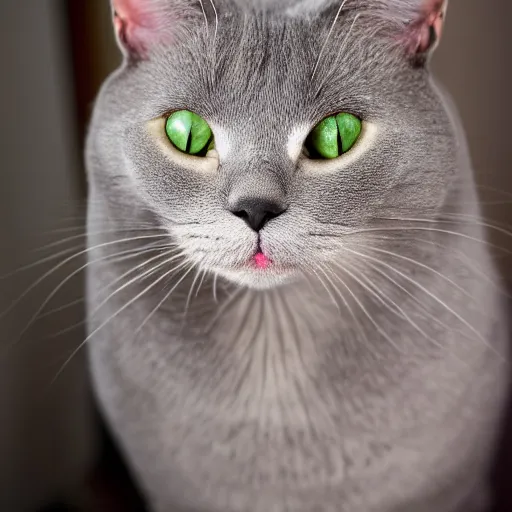 Image similar to portrait of an confused crazy gray cat using with clothes, (EOS 5DS R, ISO100, f/8, 1/125, 84mm, postprocessed, crisp face, facial features)