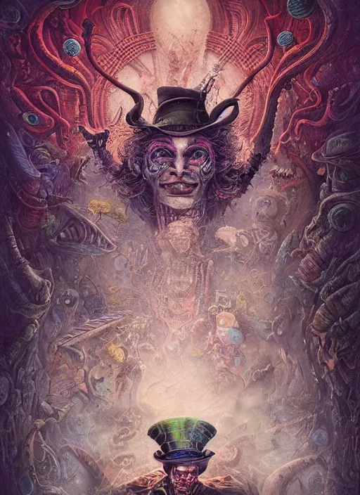 Image similar to mad hatter, mayan god, alien, highly detailed, cinematic, 8 k, by megan duncanson, benjamin lacombe, adrian borda, stanley artgermm, tom bagshaw, craig mullins, carne griffiths, ayami kojima, beksinski, giger, trending on deviantart, hyper detailed, horror, full of colour