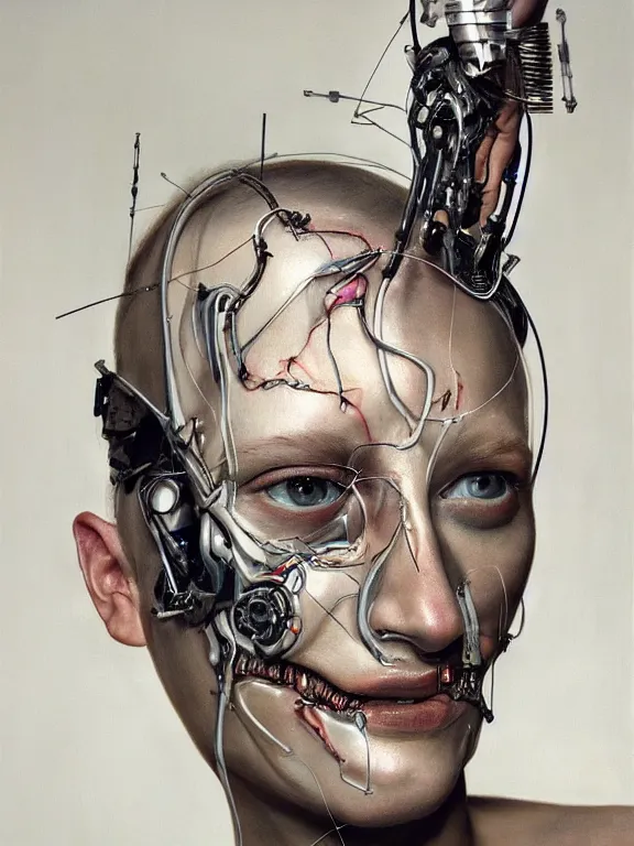 Image similar to cybernetic implants on face, metal jaw, usb port on forehead, portrait by jenny saville