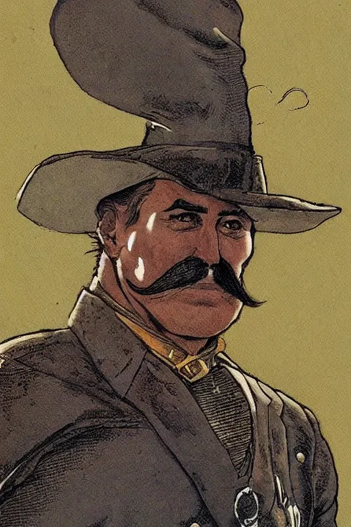 Image similar to vernon. Rabbit with mustache dressed as a sheriff. concept art by James Gurney and Mœbius.