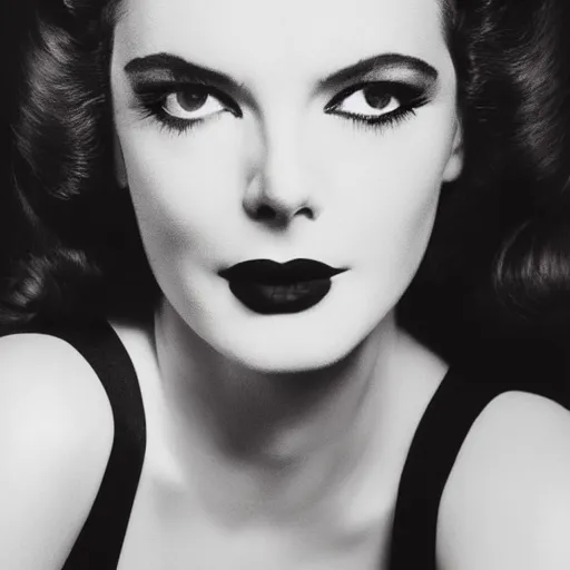 Image similar to a fashion photo portrait of a young Katherine Hepburn, full makup, smokey eye, medium shot. In the style of Helmut newton, robert maplethorpe, Stefano Brunesci, Lachlan Bailey, Herb Ritts, Ellen Von Unwerth, Haris Nukem, Sardax, Annie Leibovitz. detailed photo, hd, 4k, trending on artstation, 35mm, f1.8